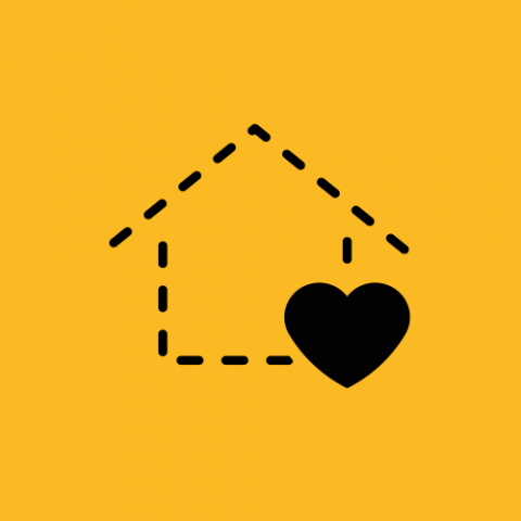 Grafisches Symbol für Kinderwohngruppe - ein Haus mit Herz in Schwarz auf gelbem Hintergrund