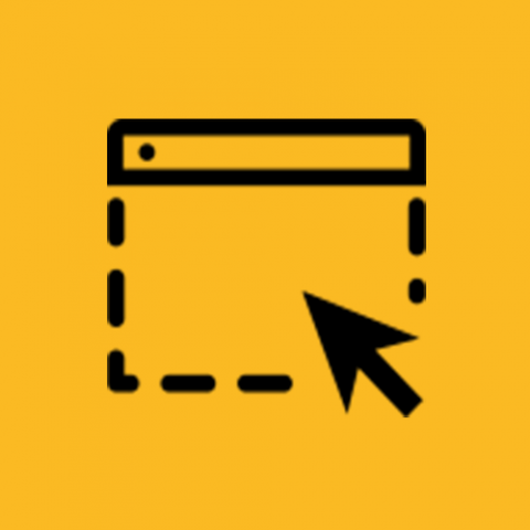 Online-Beratung - schwarzes Symbol für Browserfenster mit Cursor auf gelbem Hintergrund